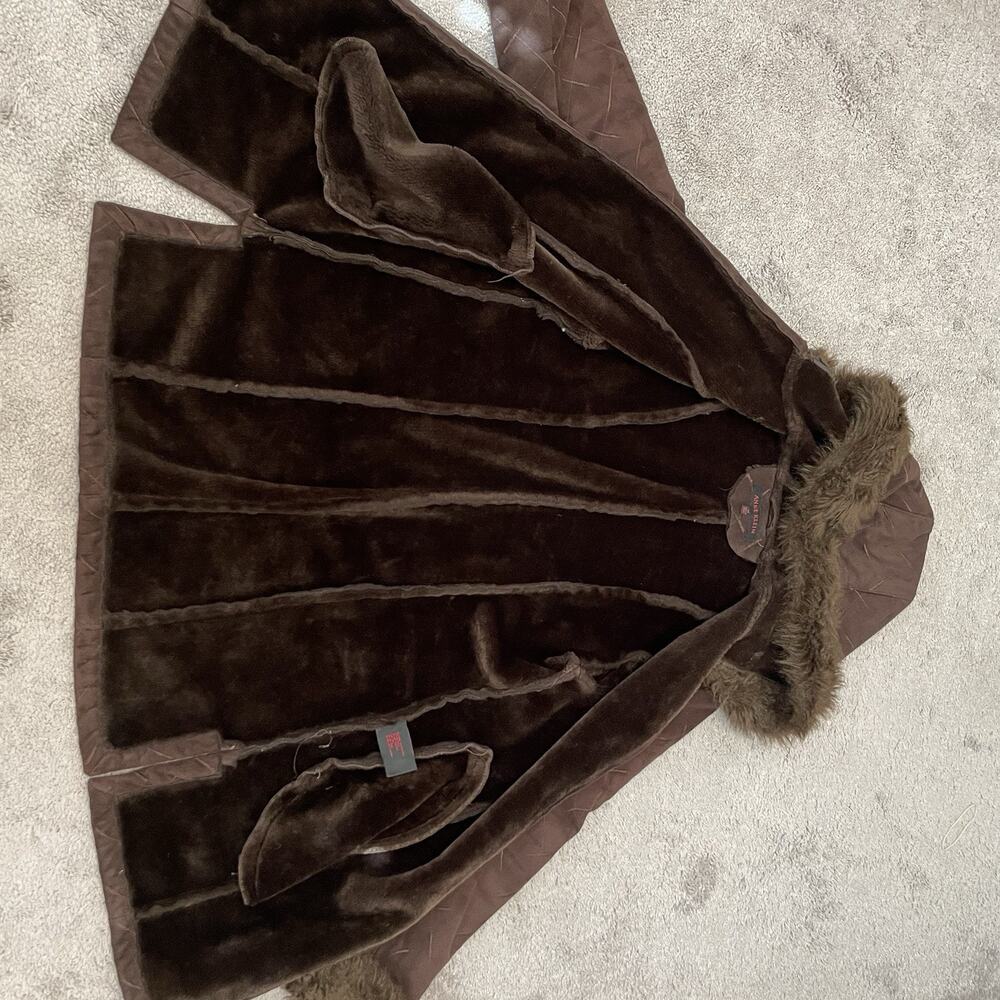 Y2K Faux Suede Fur Trim Hooded Coat Zip Up Women’s Medium 2000s VTG Brown Jacket - Picture 10 of 16